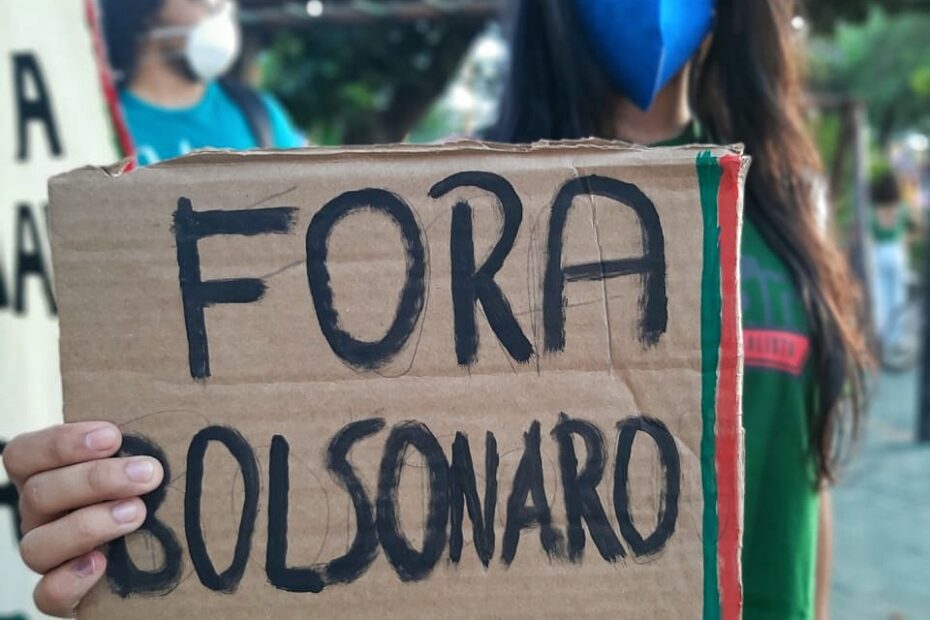 Imagem retangular em formato retrato. Na foto, uma militante vestindo camiseta verde do Ecoar, óculos de grau e máscara azul, segura um cartaz em que está escrito "Fora Bolsonato! @juventudeecoar".